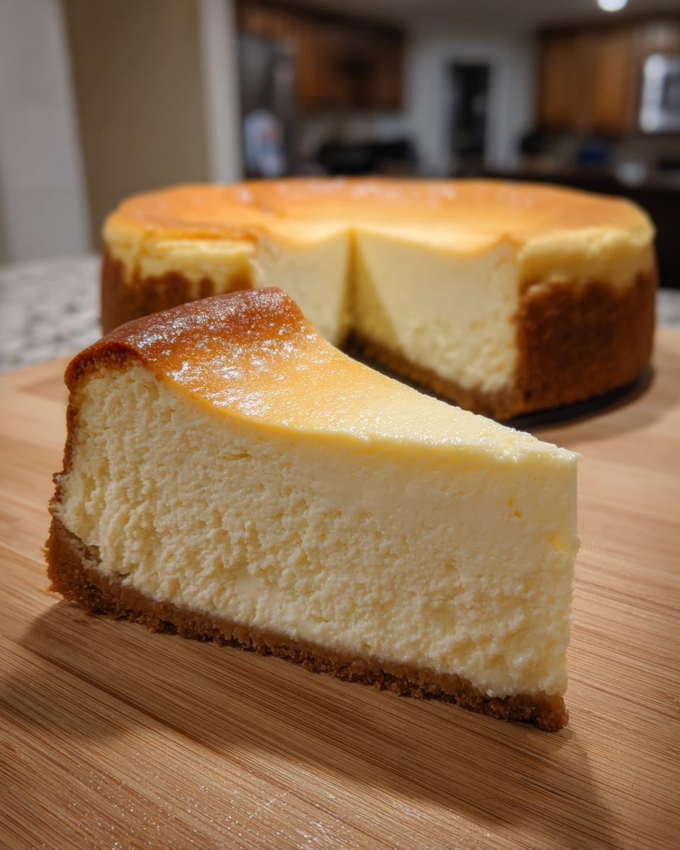 A close-up slice of creamy new york cheesecake with a graham cracker crust sits in front of the whole baked cake.
