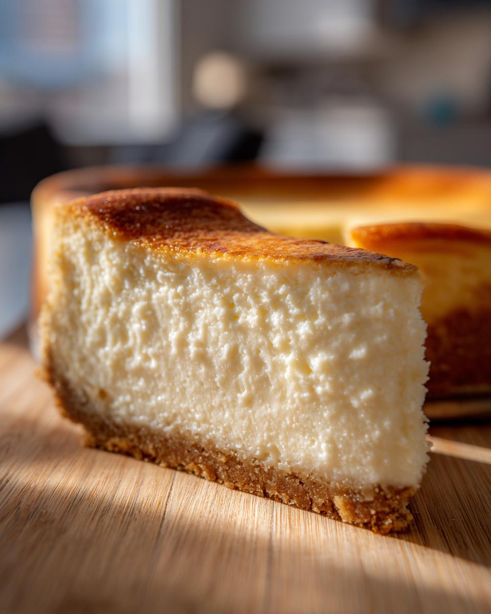 A close-up, sunlit slice of creamy new york cheesecake showing a golden-brown top and graham cracker crust.