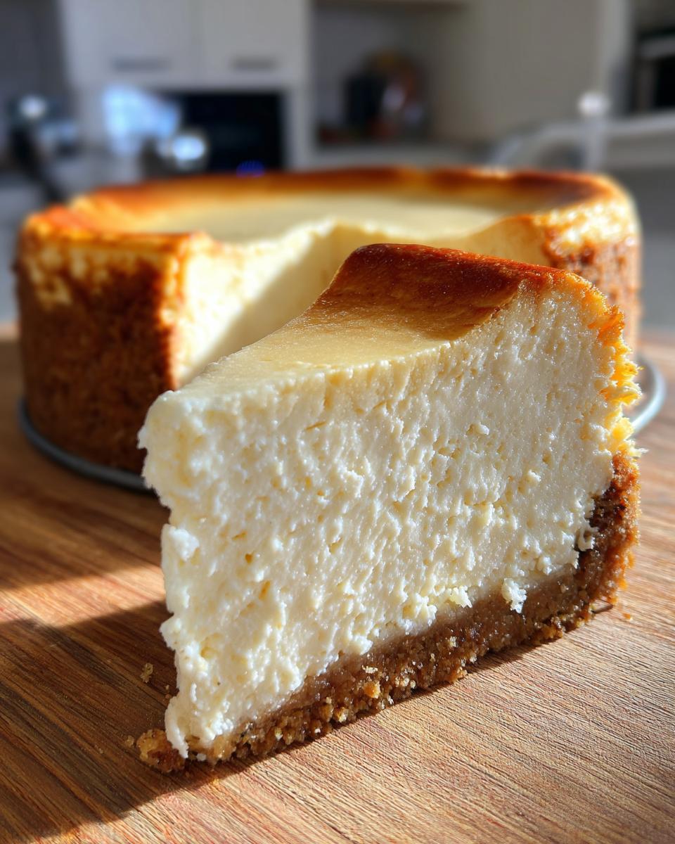 A close-up slice of creamy new york cheesecake with a thick graham cracker crust, set against the whole cake.