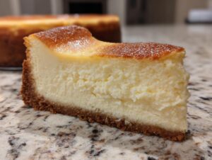 Close-up of a thick slice of new york cheesecake showing a dense, creamy interior and a golden-brown top crust.