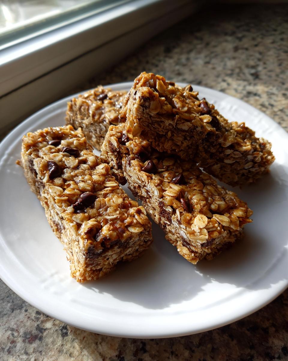 Four thick, chewy no bake granola bars studded with chocolate chips, stacked on a white plate.