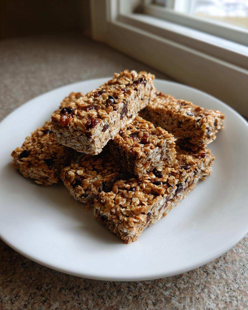 A stack of freshly cut, chewy no bake granola bars made with oats and dried fruit on a white plate.