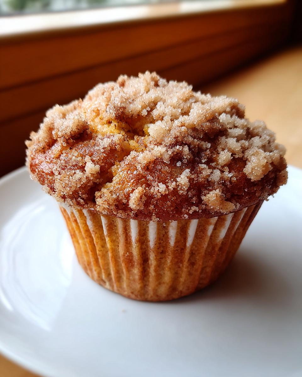 A single, perfectly baked sweet potato muffin topped generously with cinnamon sugar streusel, resting on a white plate.