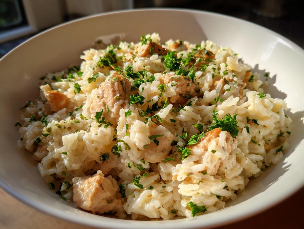 Close-up of creamy one pot chicken and rice topped generously with fresh chopped parsley.
