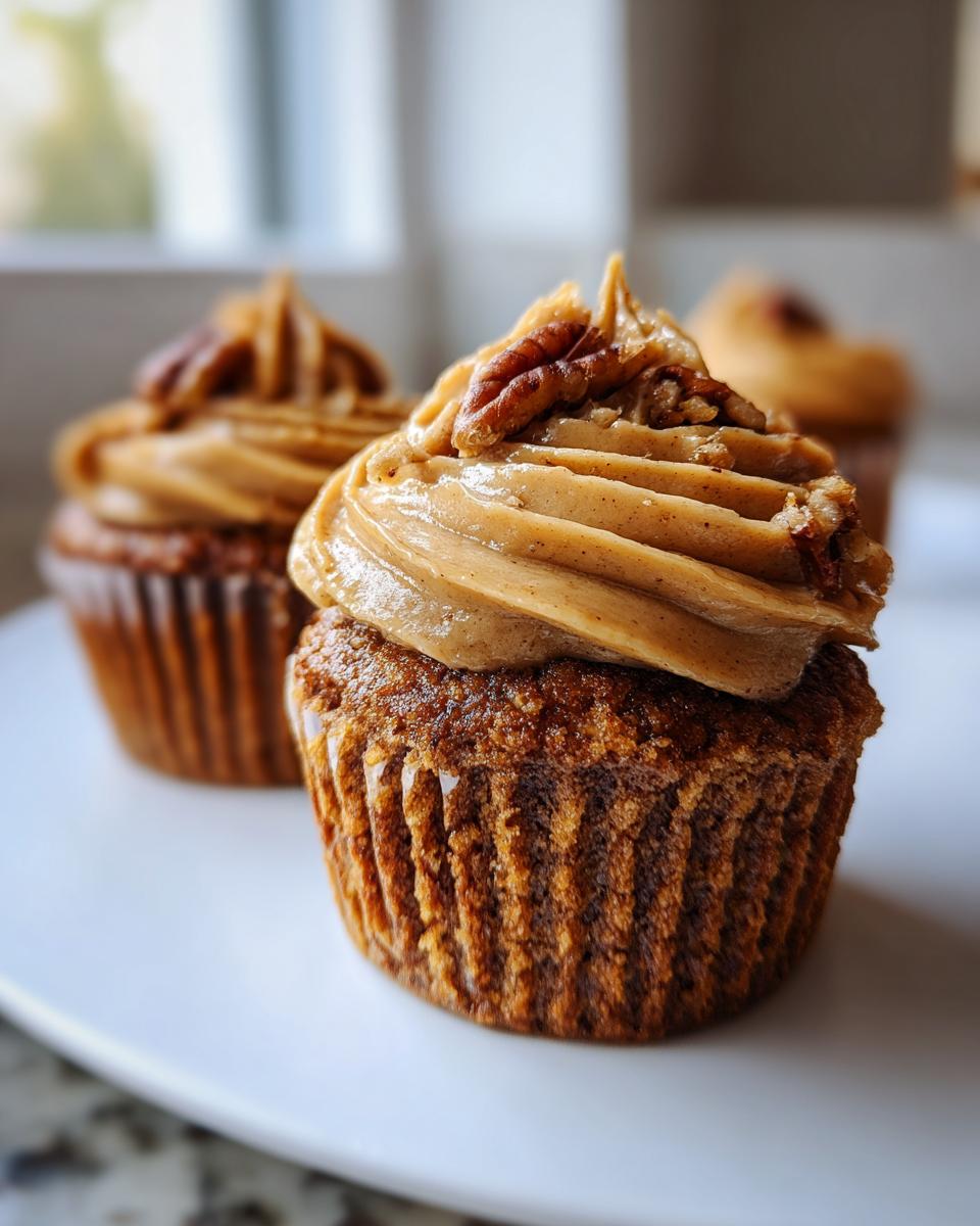 A close-up of one of the delicious pecan pie cupcakes, topped with swirled brown frosting and a pecan half.