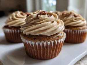 A close-up of a delicious pecan pie cupcake topped with swirled brown frosting and a pecan piece.