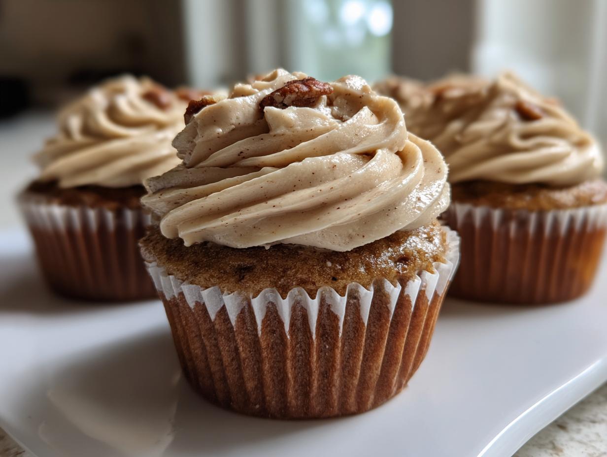 A close-up of a delicious pecan pie cupcake topped with swirled brown frosting and a pecan piece.