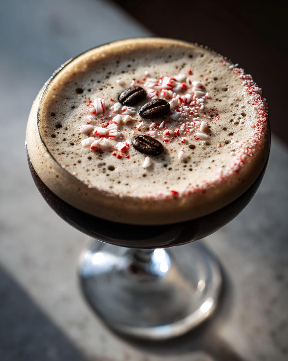 Close-up of a peppermint espresso martini with rich foam, garnished with crushed candy cane and coffee beans.
