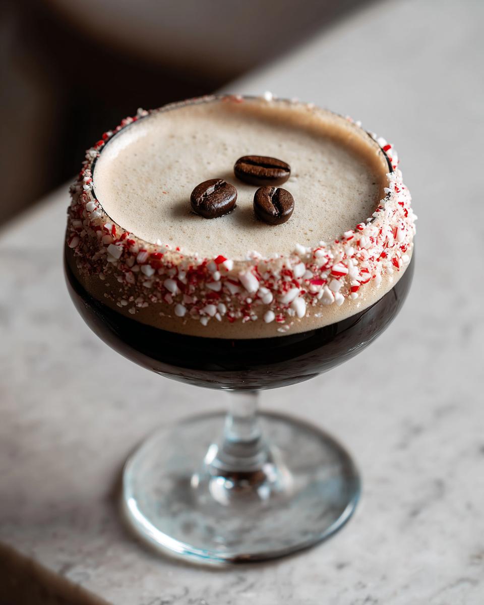 A festive peppermint espresso martini with a crushed candy cane rim and three coffee beans on top.