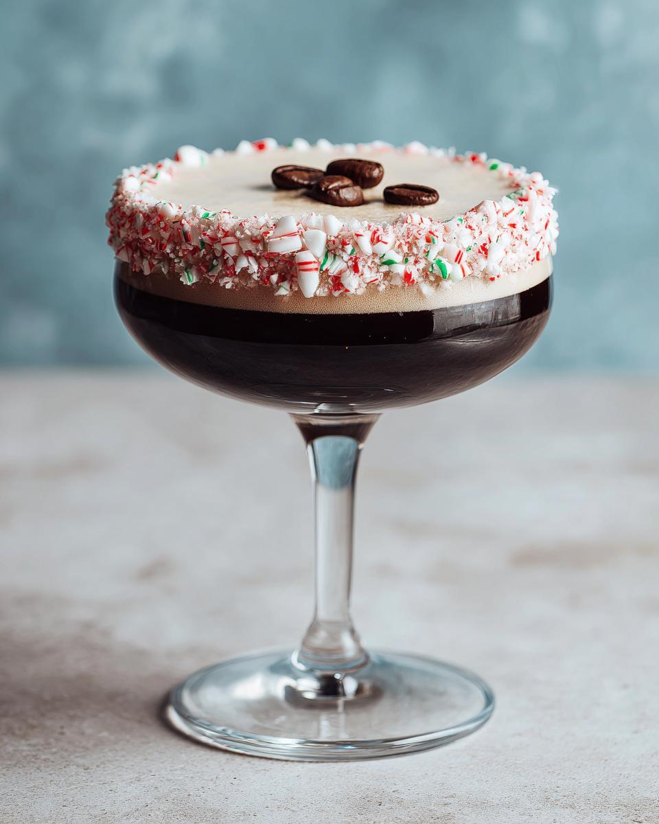 A festive peppermint espresso martini in a coupe glass, rimmed with crushed candy canes and topped with coffee beans.