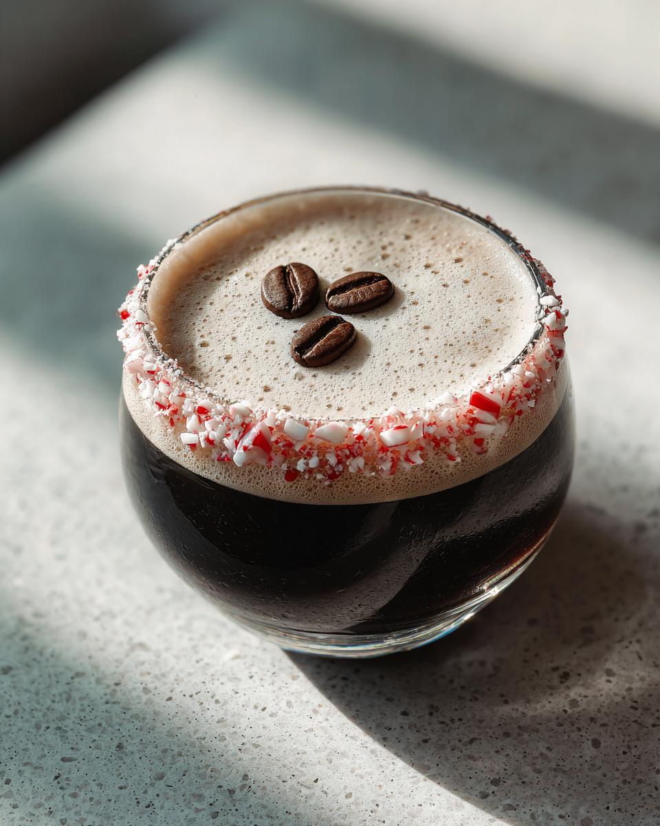 Close-up of a peppermint espresso martini with a crushed candy cane rim and three coffee beans on the foam.
