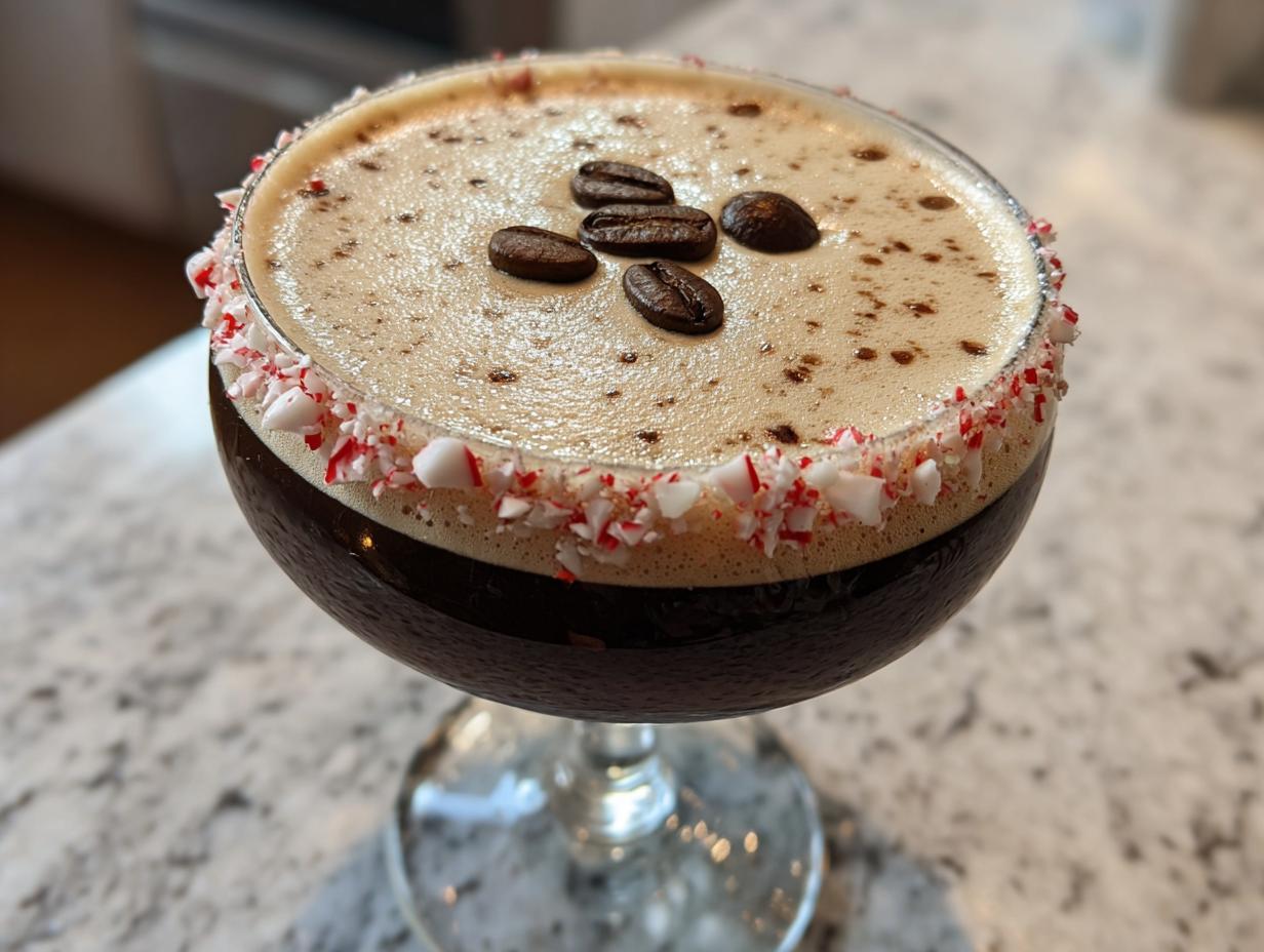 A rich peppermint espresso martini with a crushed candy cane rim and three coffee beans on top.