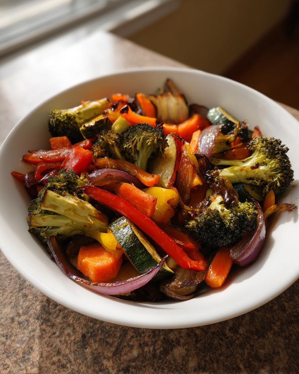 Close-up of a white bowl filled with colorful, perfectly roasted vegetables, including broccoli, carrots, and red onion.