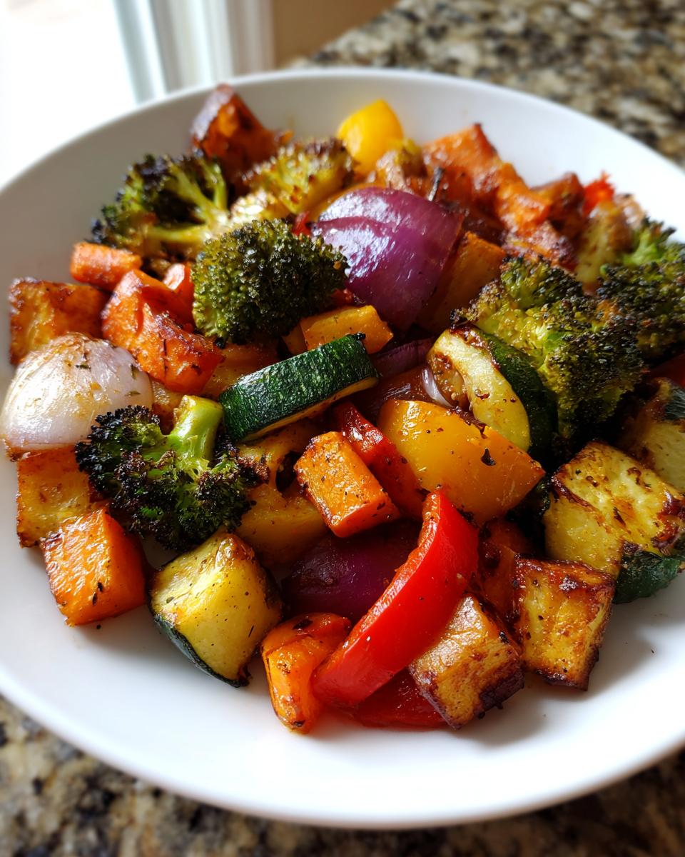 A close-up of perfectly caramelized roasted vegetables including broccoli, carrots, peppers, and red onion served in a white bowl.