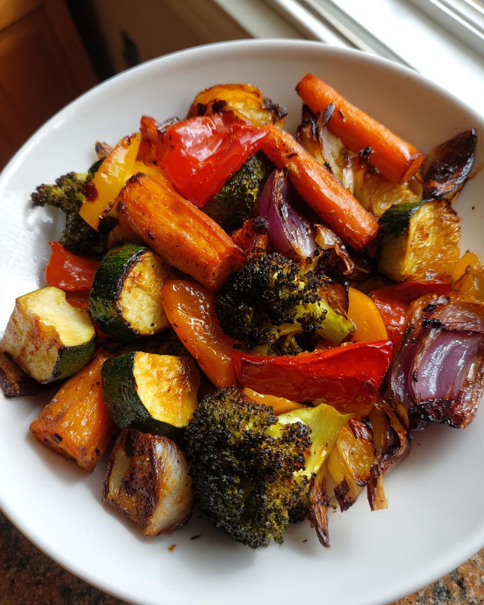 A close-up of colorful, caramelized roasted vegetables including carrots, broccoli, peppers, and onions in a white bowl.