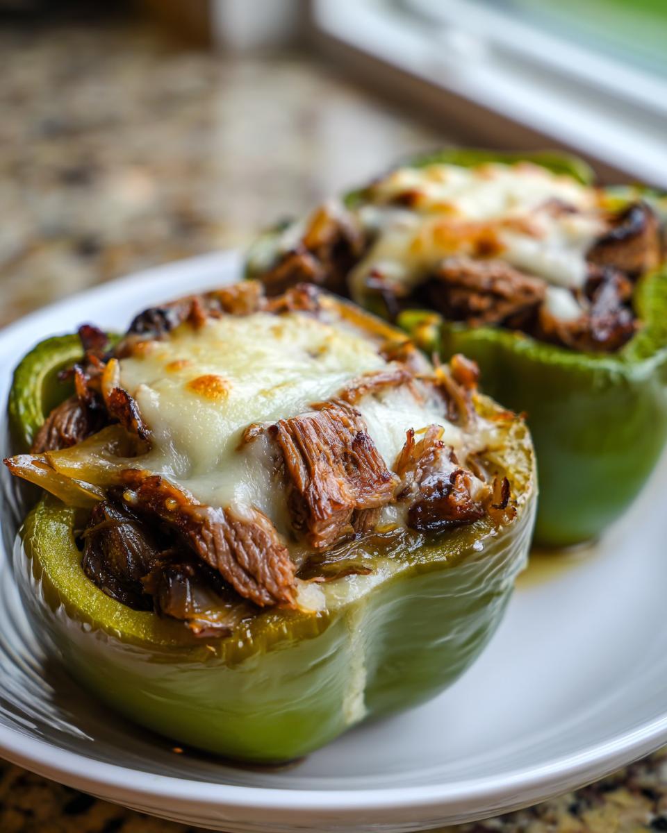 Two baked green bell peppers filled with steak and onions, topped with melted white cheese, ready to eat as philly cheesesteak stuffed peppers.