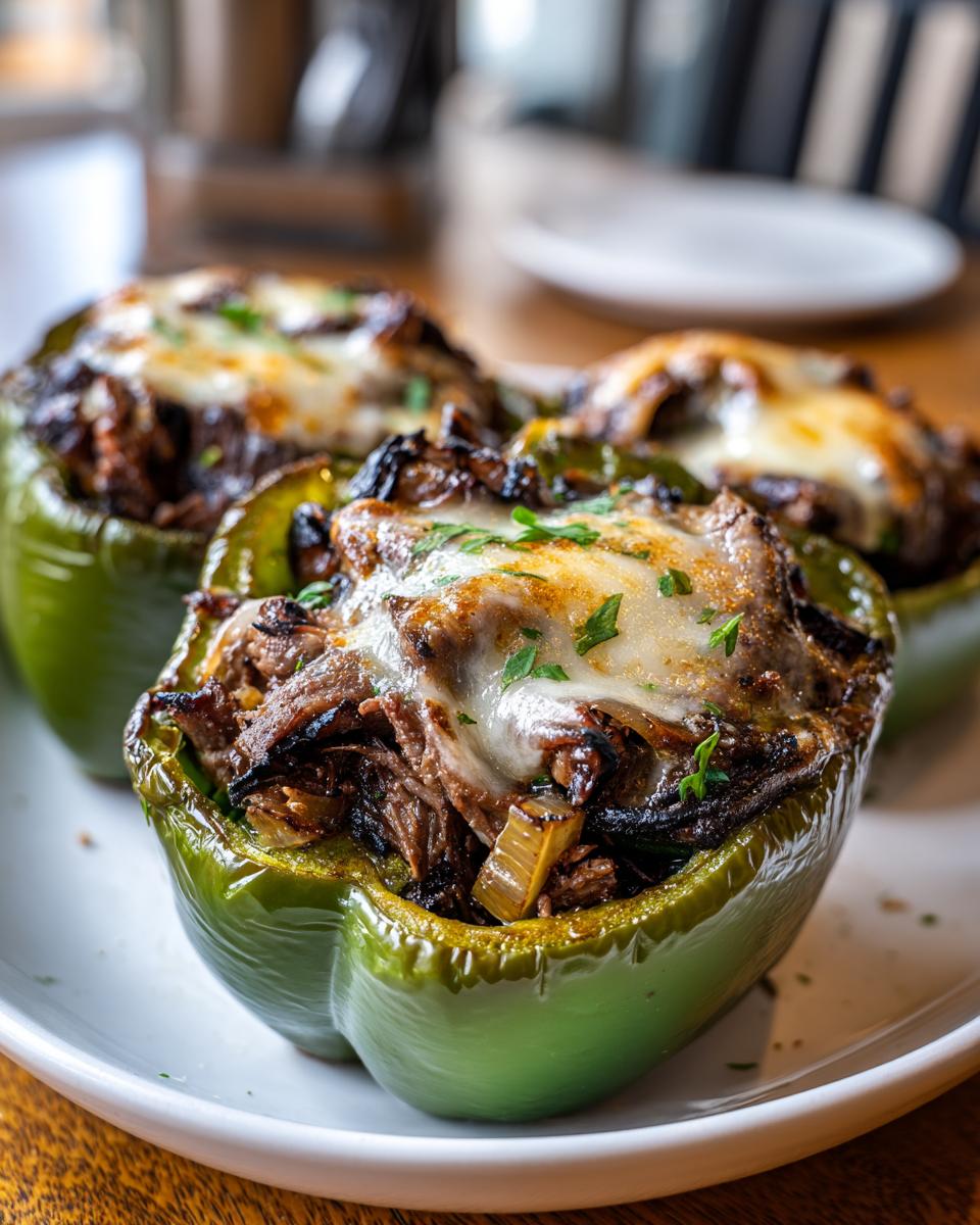 Close-up of a green bell pepper filled with shredded steak, onions, and topped with melted provolone cheese for philly cheesesteak stuffed peppers.