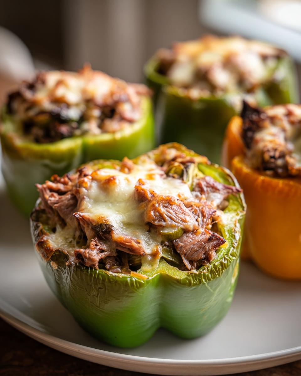 Close-up of baked philly cheesesteak stuffed peppers topped with melted white cheese.