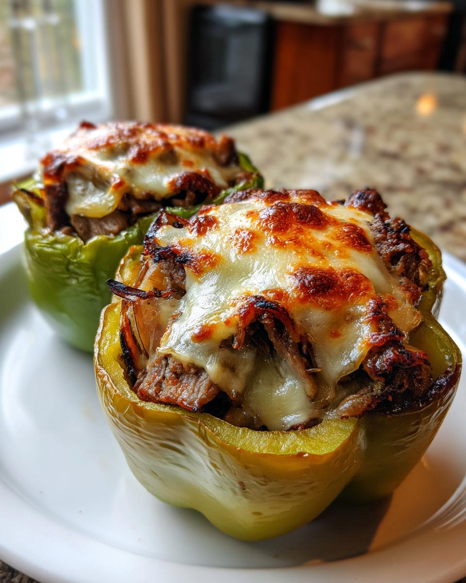 Two baked green bell peppers filled with steak and onions, topped with melted, browned cheese, ready to eat as philly cheesesteak stuffed peppers.