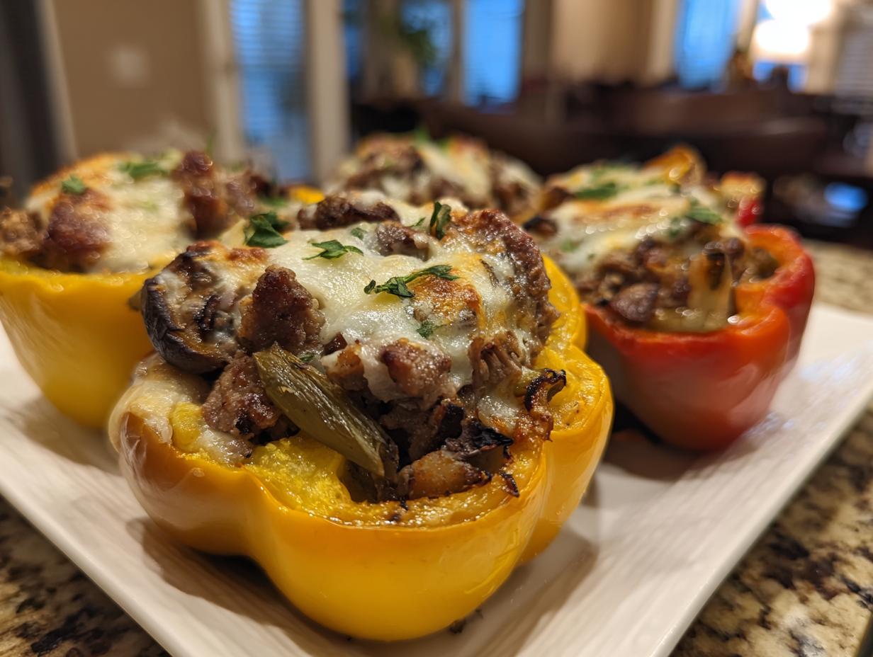 Close-up of baked philly cheesesteak stuffed peppers, topped with melted cheese and fresh parsley.