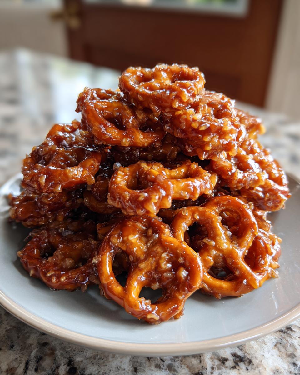 A close-up of a large pile of shiny, glazed toffee pretzels stacked on a light gray plate.