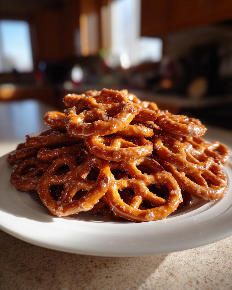 A close-up photo of a mound of glossy, homemade toffee pretzels stacked high on a white plate.
