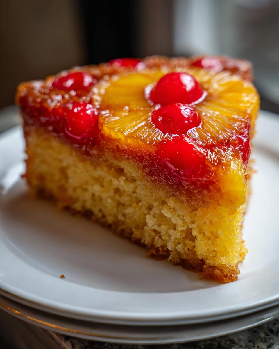 A close-up of a moist slice of pineapple upside down cake topped with caramelized pineapple and bright red maraschino cherries.