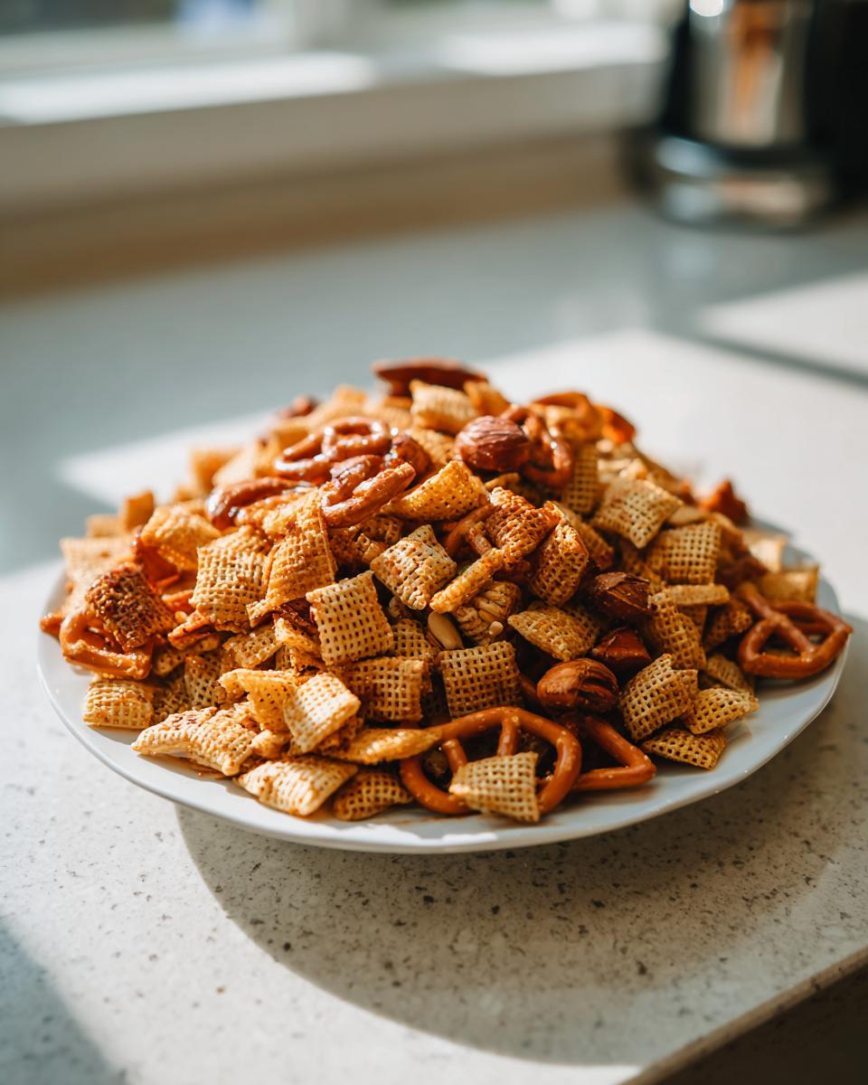 A close-up of a white plate piled high with homemade chex party mix, featuring Chex cereal, pretzels, and nuts.