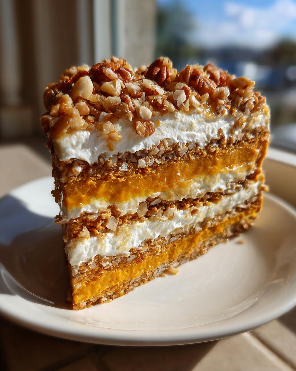 A tall, layered slice of pumpkin crunch dessert featuring orange pumpkin filling, white cream, and a crunchy pecan topping.