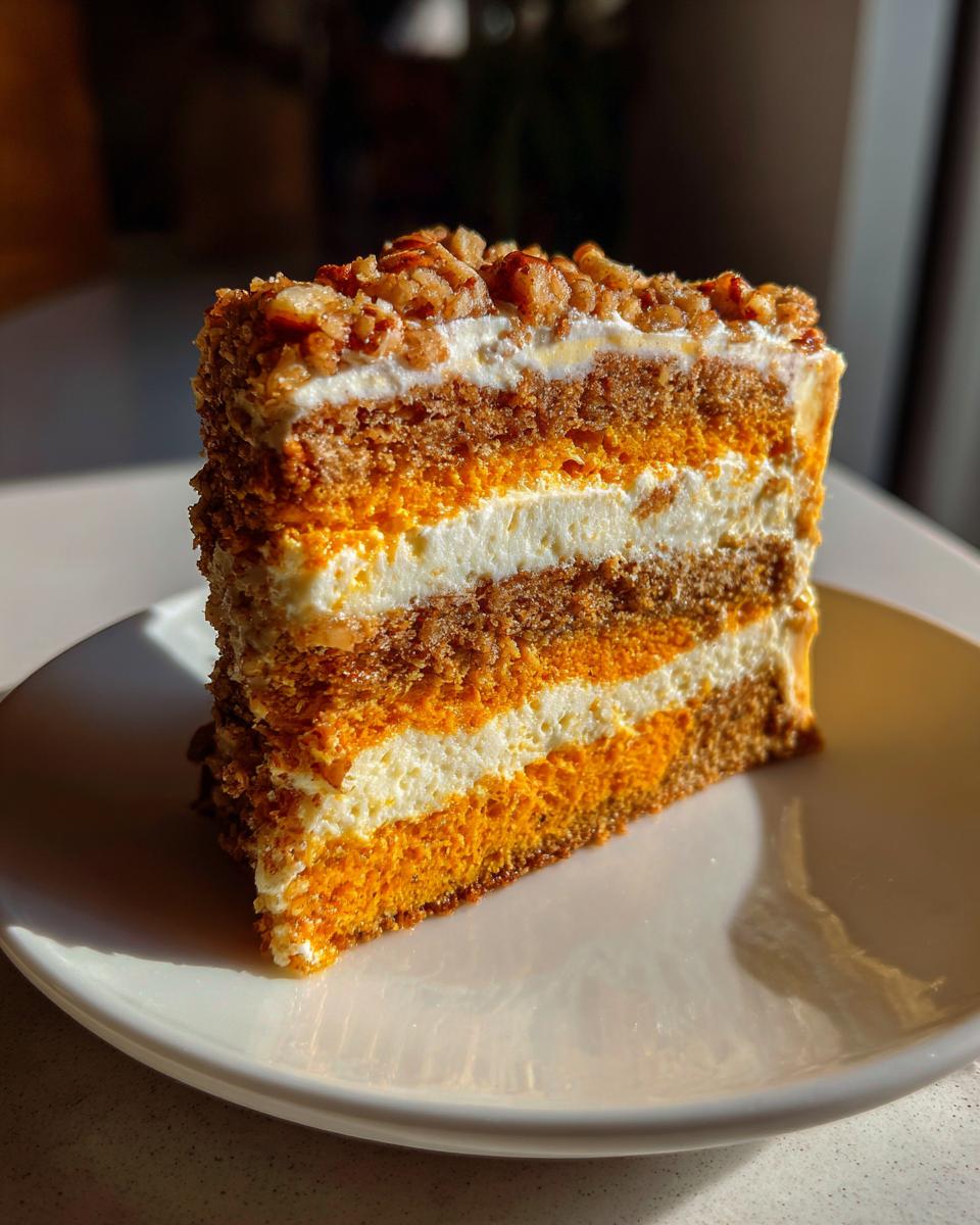 A tall slice of layered pumpkin crunch dessert with orange cake, white frosting, and nut topping.