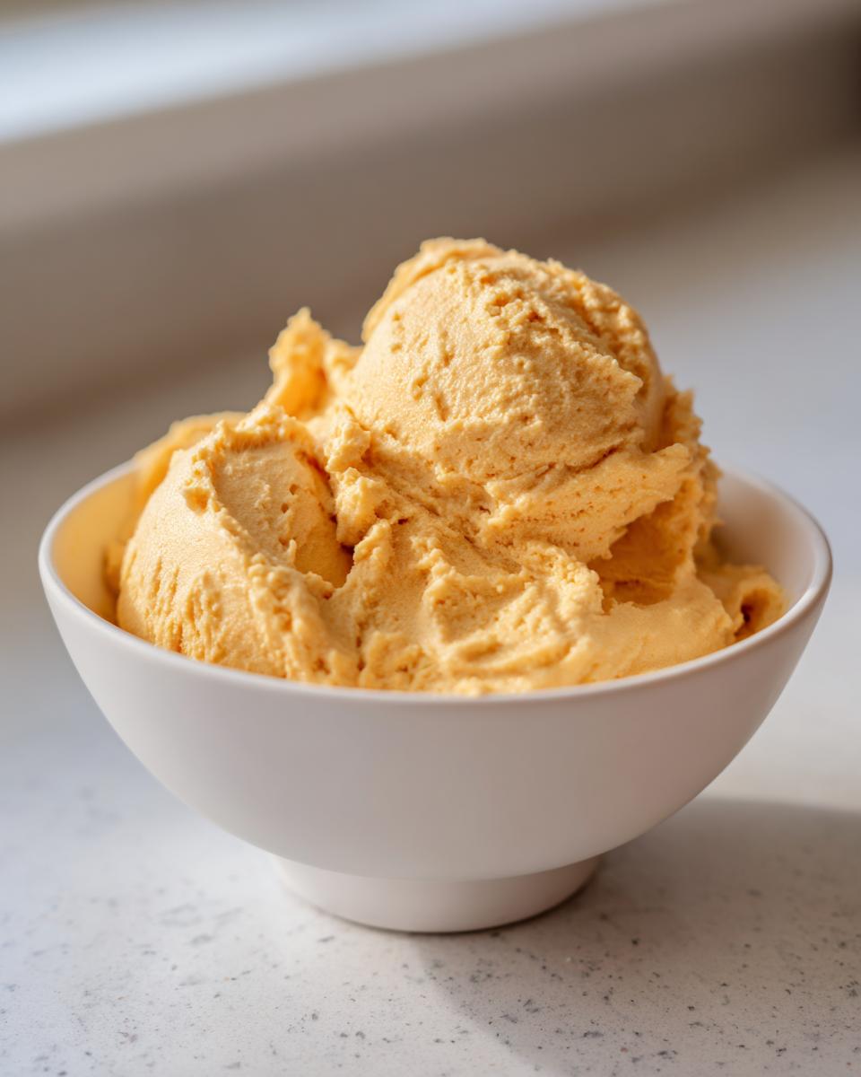 A white bowl filled with several scoops of light orange, creamy pumpkin fluff dessert.