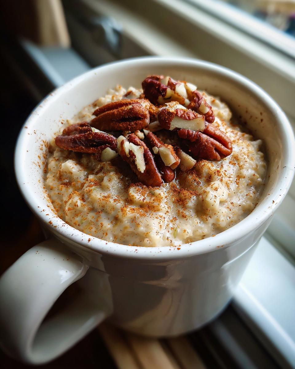 Close-up of apple cinnamon oatmeal in a white mug, topped with pecans and cinnamon.