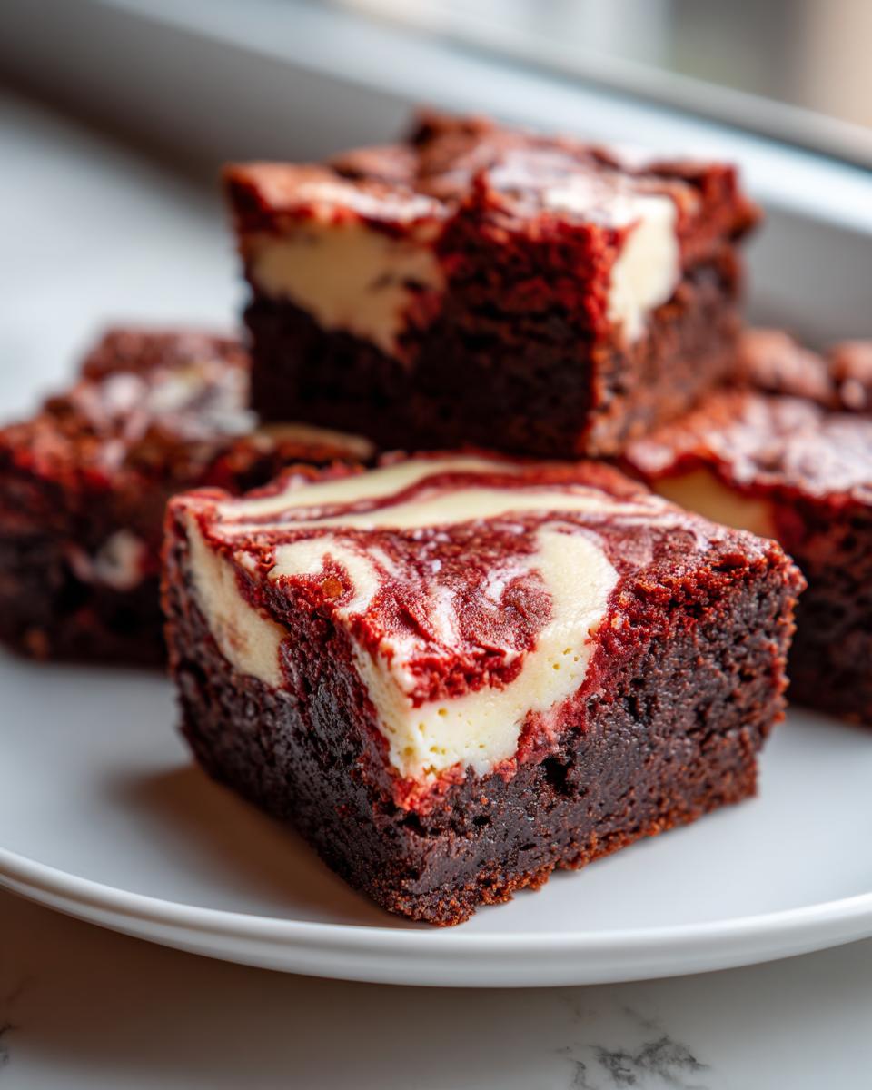 A close-up of fudgy red velvet cheesecake brownies with marbled cream cheese topping stacked on a white plate.
