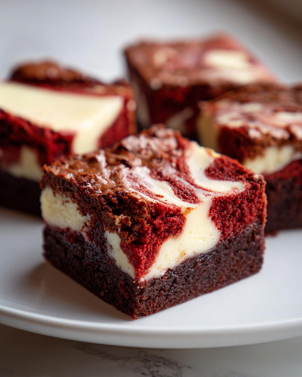 A close-up of a perfectly cut square of red velvet cheesecake brownies showing the marbled red and cream cheese layers.