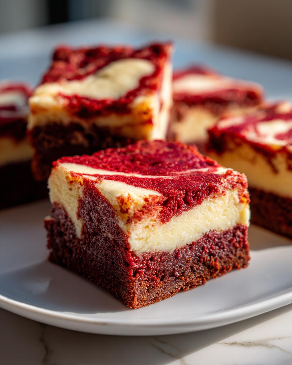 A close-up of a rich, layered red velvet cheesecake brownies square served on a white plate.