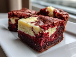 A close-up, featured shot of a square red velvet cheesecake brownies piece showing the dark brownie base and swirled red velvet and cream cheese topping.