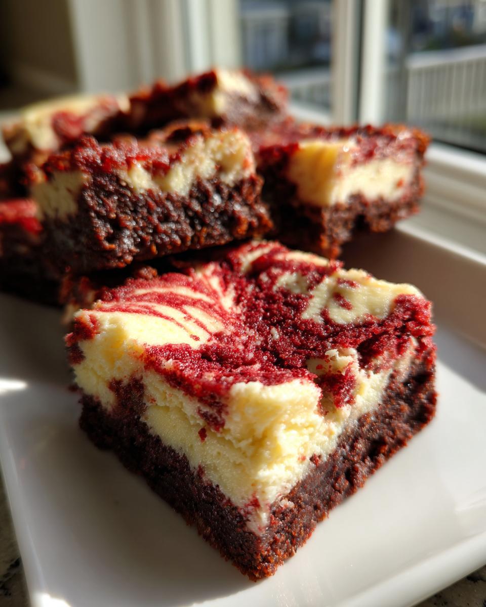 A close-up of stacked red velvet cheesecake brownies showing the rich red base and swirled cream cheese topping.