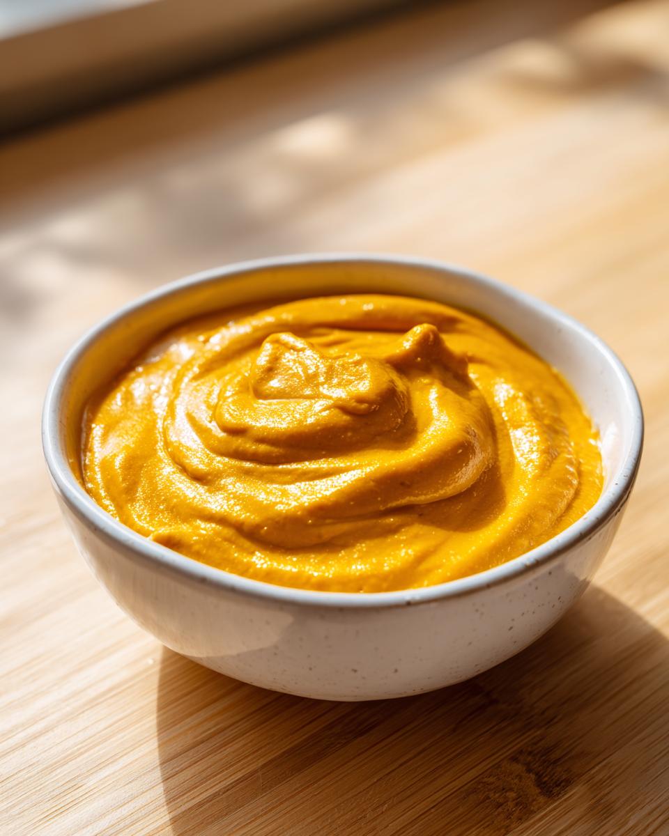 Close-up of thick, vibrant orange beer cheese dip swirled beautifully in a small white bowl.