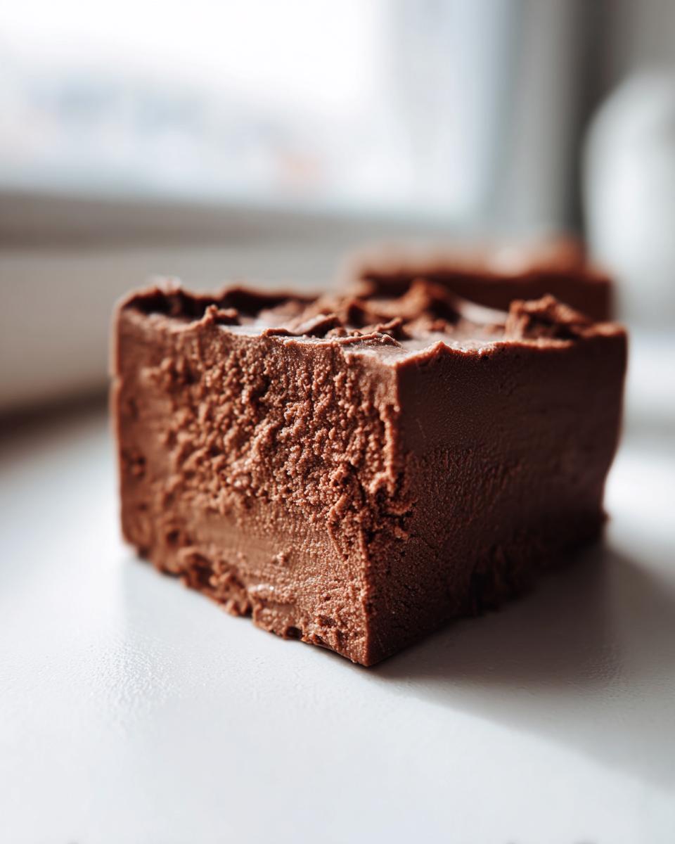Close-up of a rich, dark chocolate fudge square with a slightly textured top, sitting on a bright white surface.