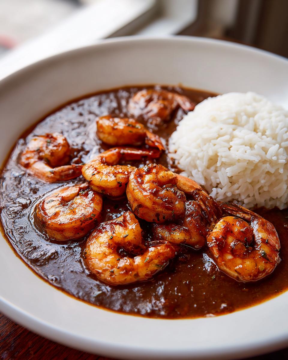 Close-up of rich, dark shrimp etouffee served with a mound of fluffy white rice in a white bowl.