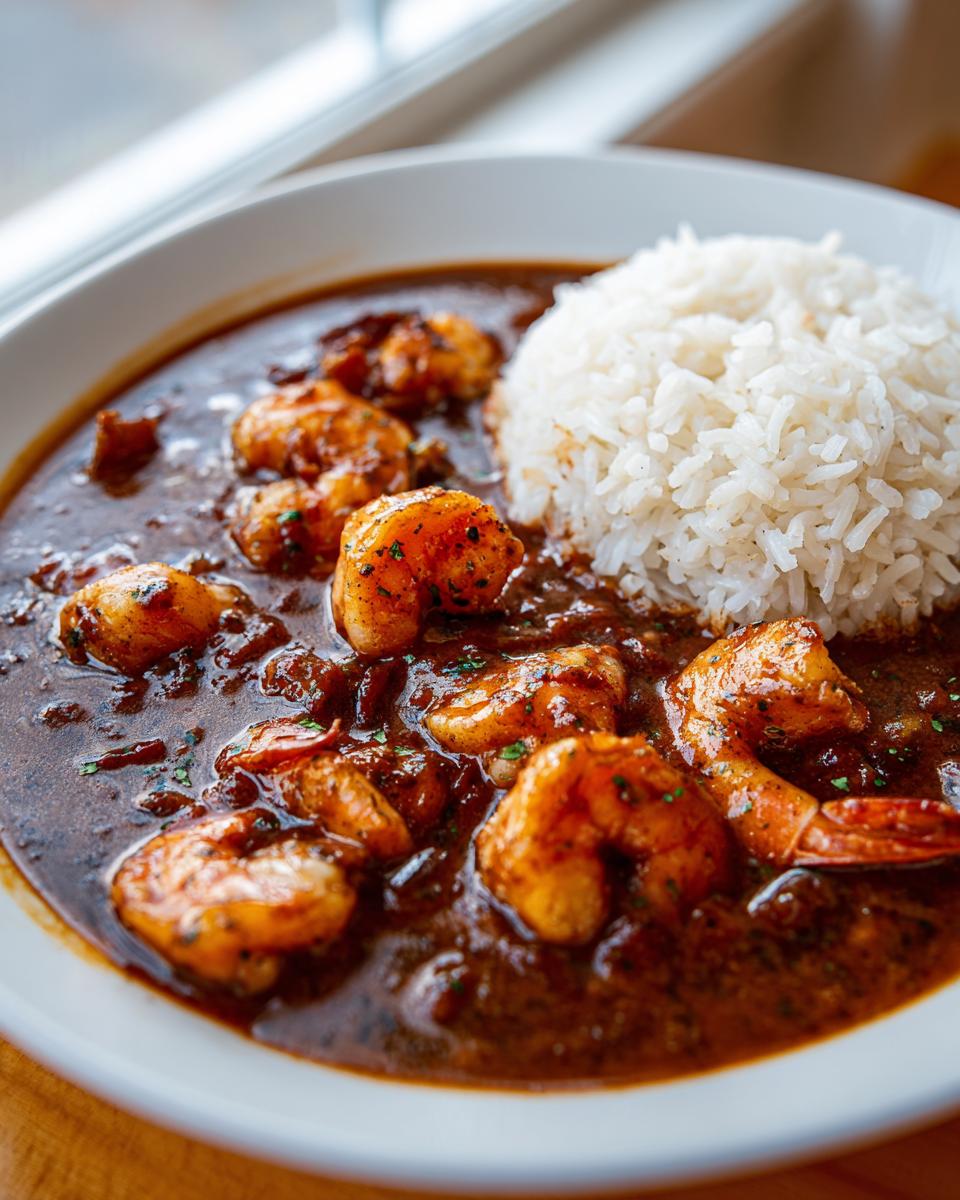 Close-up of a bowl of rich, dark shrimp etouffee with plump seasoned shrimp next to a mound of white rice.