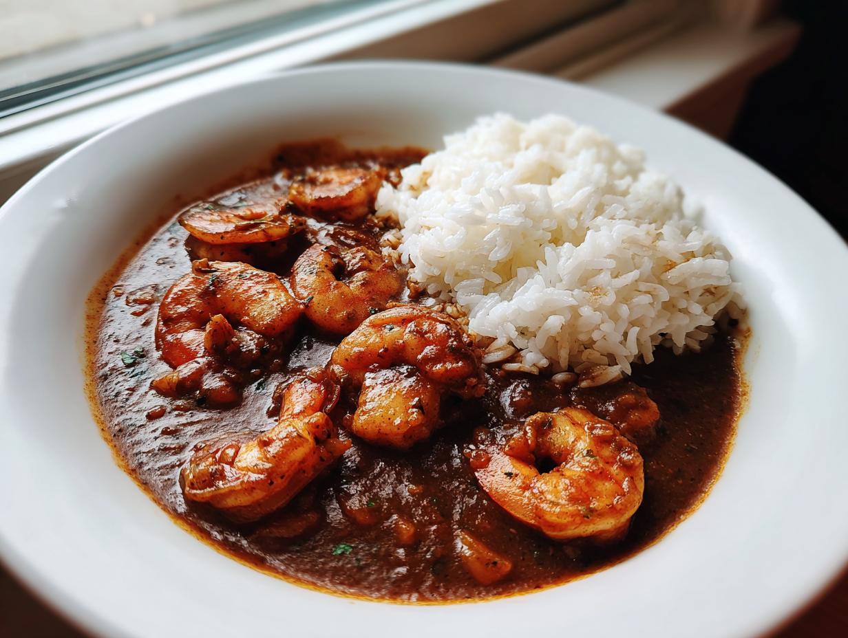 A close-up of a bowl of rich, dark shrimp etouffee served alongside a mound of white rice.