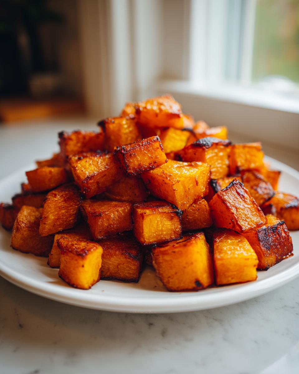 A mound of perfectly caramelized, golden-brown roasted butternut squash cubes piled high on a white plate.