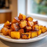 A mound of golden brown, caramelized roasted butternut squash cubes piled high on a white plate.