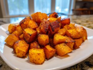 A close-up of perfectly caramelized roasted butternut squash cubes seasoned on a white plate.