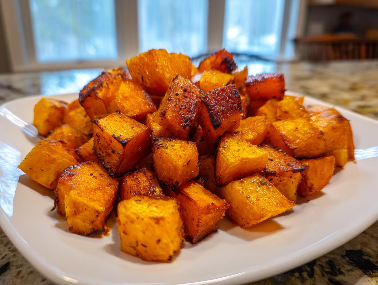 A close-up of perfectly caramelized roasted butternut squash cubes seasoned on a white plate.