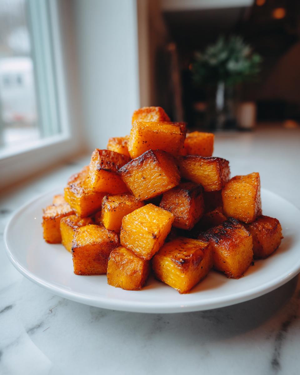 A pile of golden brown, caramelized roasted butternut squash cubes served on a white plate.