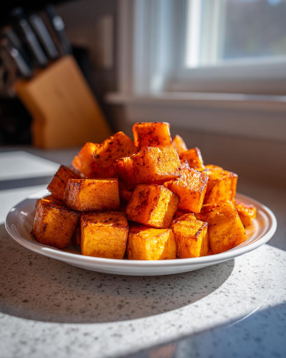 A pile of perfectly caramelized roasted butternut squash cubes served on a white plate.