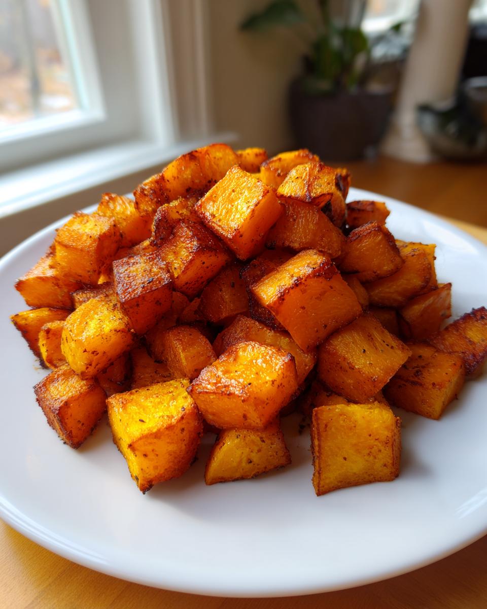 A pile of perfectly caramelized, golden brown roasted butternut squash cubes served on a white plate.
