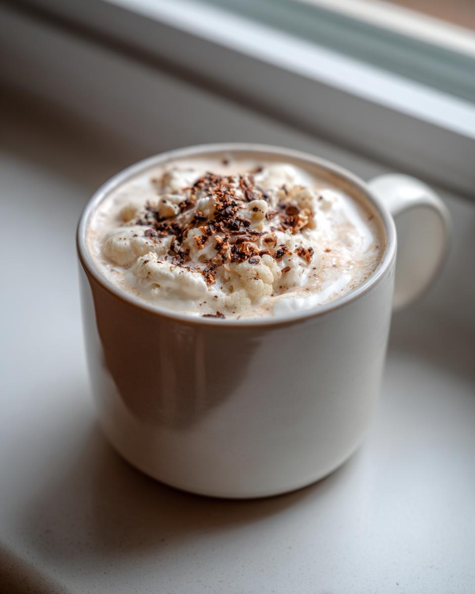 A creamy serving of roasted cauliflower soup topped with whipped cream and dark shavings in a white mug.
